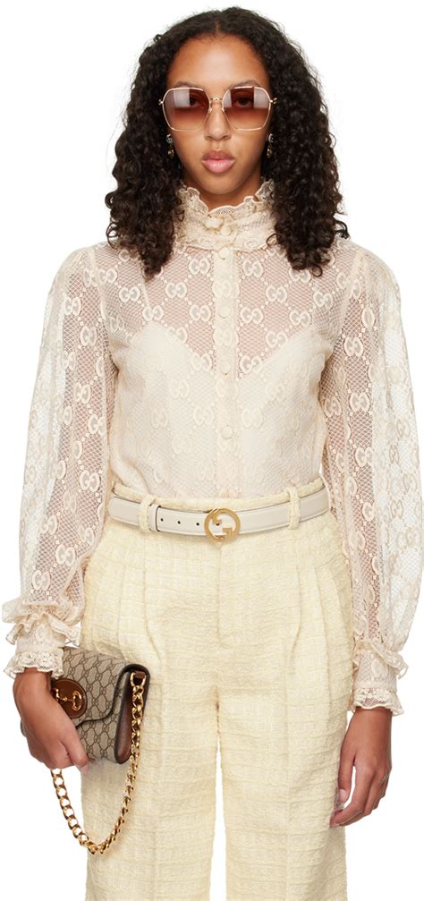 gucci white lace blouse with solid pockets and collar
